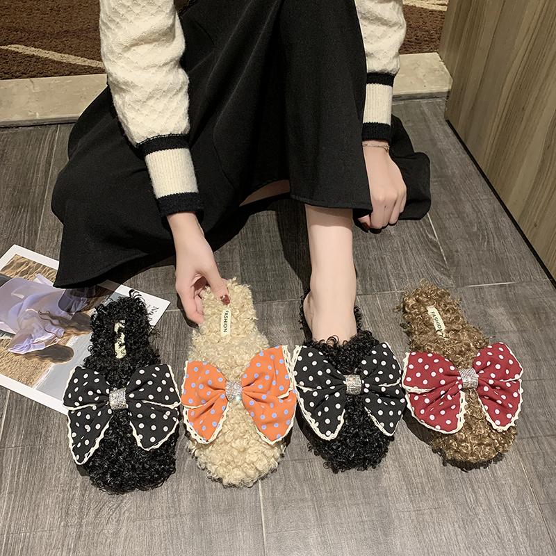 

Sandals Bow Shoes Closed Toe 2021 Women's Fur Heels All-Match Velvet Fashion Low Girls Outside Rubber Flock Rome PU Fabric B