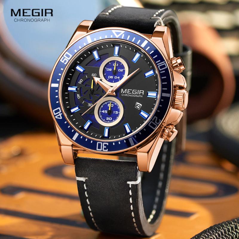 

Wristwatches MEGIR 2021 Luxury Leather Strap Quartz Watches Men Fashion Casual Sports Chronograph Watch Man Waterproof Luminous Wristwatch, Ml2132g-brown black