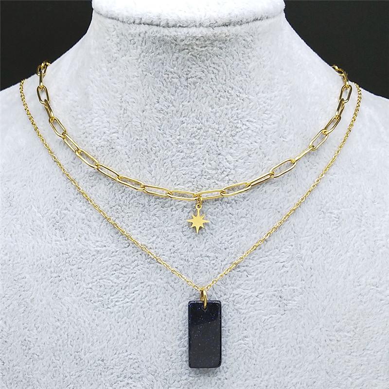 

Pendant Necklaces 2pcs Stainless Steel Black Natural Stone Women/Men Gold Color Star Layered Blue Sandstone Jewelry Collier NZ10S04