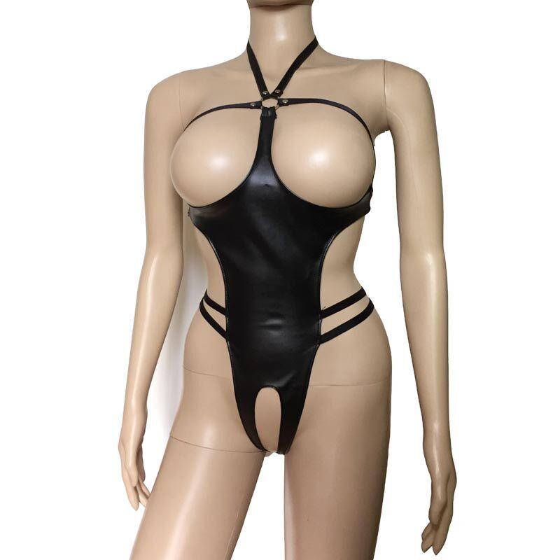 

Sexy Costumes Women Faux Leather Cupless Open Breast Bra Strappy Body Harness Crotch Bikini Back Bodysuit Fetish Role Play Costume, Black