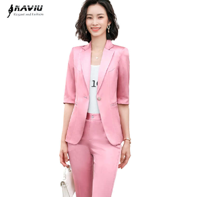 

Pink Suit Summer Fashion Temperament High End Business Half Sleeve Blazer And Pants Office Ladies Formal Work Wear 210604, Gray blazer