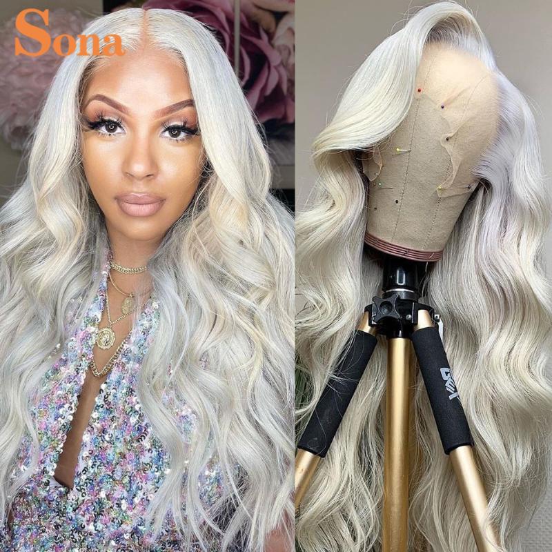 

Lace Wigs #60 Ash Blonde Front Human Hair Wig Body Wave Transparent Wavy Platinum White Colored Frontal For Women, 1b