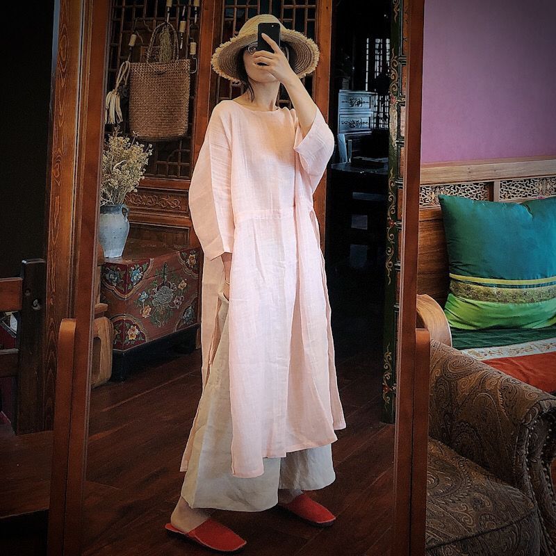 

Johnature Light Pink O-neck Women Shirts Summer Casual Nine Quarter Sleeve Loose Vintage Retro Split long Blouses 210521