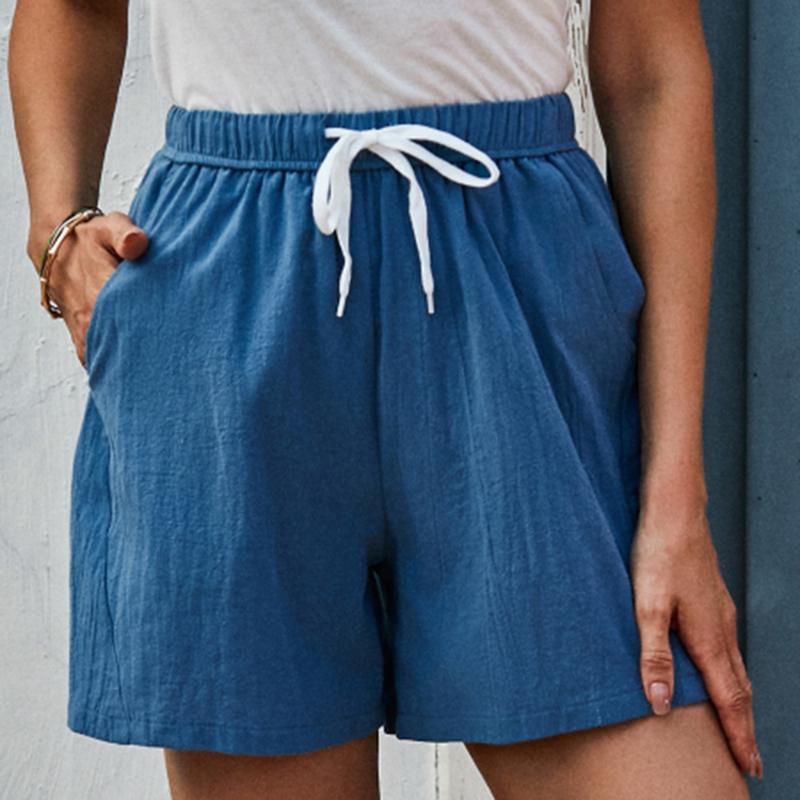 

Women' Shorts Women Summer Blue Casual Cotton Linen Elastic Waist Two Pockets Solid Female Plus Size Woman