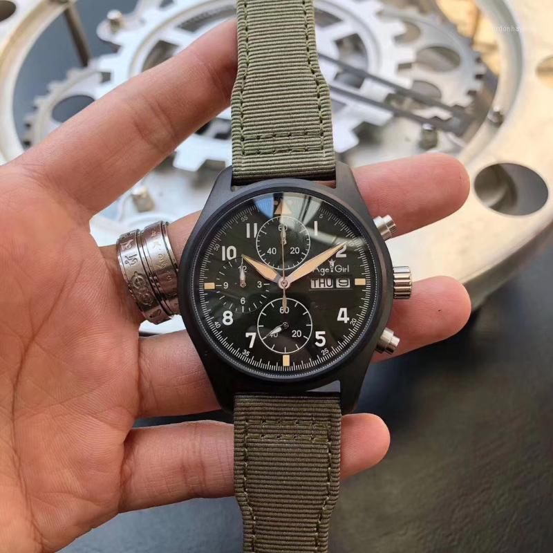 

Wristwatches Men Rose Gold Pilots Steel Sapphire Double Quartz Chronograph Canvas Green Leather Watch Black Yellow