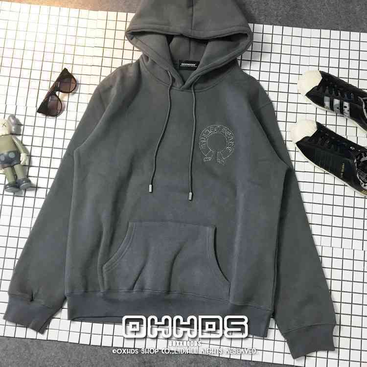 

Autumn Chrome-hearts and Personality Winter Street Hooded Embroidery Cross Horseshoe Cement Grey Sweater Couple Plush Hoodie L2ZQ, Black