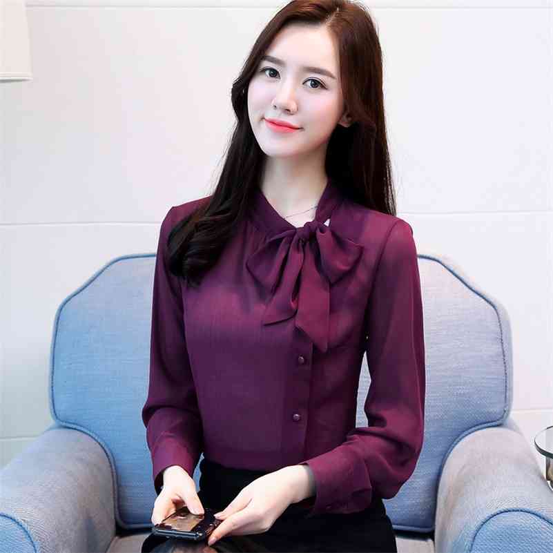 

bow neck women' clothing spring long-sleeved chiffon women blouse shirt solid purple formal women tops blusas 210518