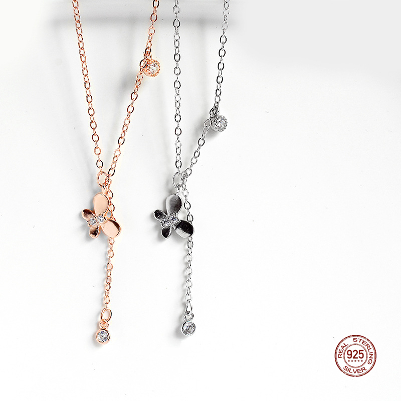 

LKO 925 Sterling Silver Arrive Zircon Butterfly Necklace Chic Temperament Tassels Clavicle Chain For Women Girl Gift