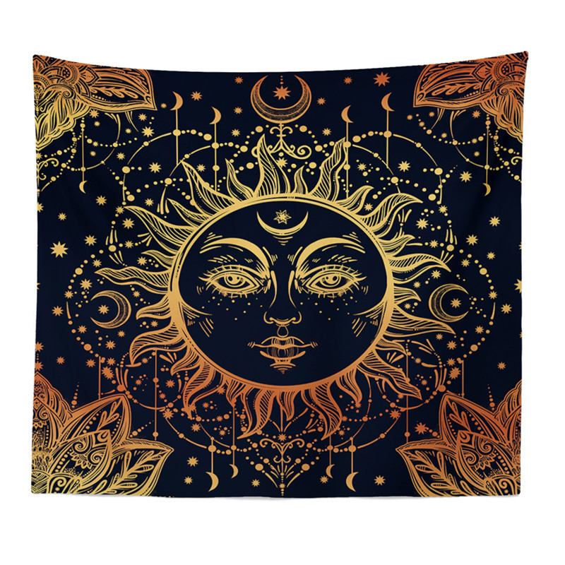 

Psychedelic Sun Moon Tapestries Living Room Bedroom Dorm Wall Hanging Art Decor Mystic Black and Golden Mandala Tapestry