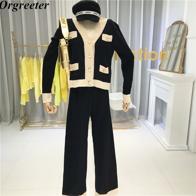 

Autumn OL Ladies Knit Cardigans Pants 2pcs Fashion Suit V-neck Sweater Top Wide Leg Winter Tracksuit Women 210525, Picture color
