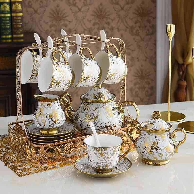 

Turkish royal coffee tea set with 6 cups and saucers gold printed ceramic luxury teapot set