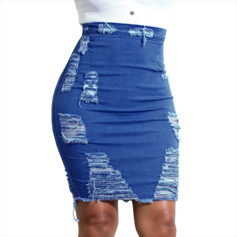 

high waist ripped denim women skirts distressed pencil mini jean faldas largas midi, Black