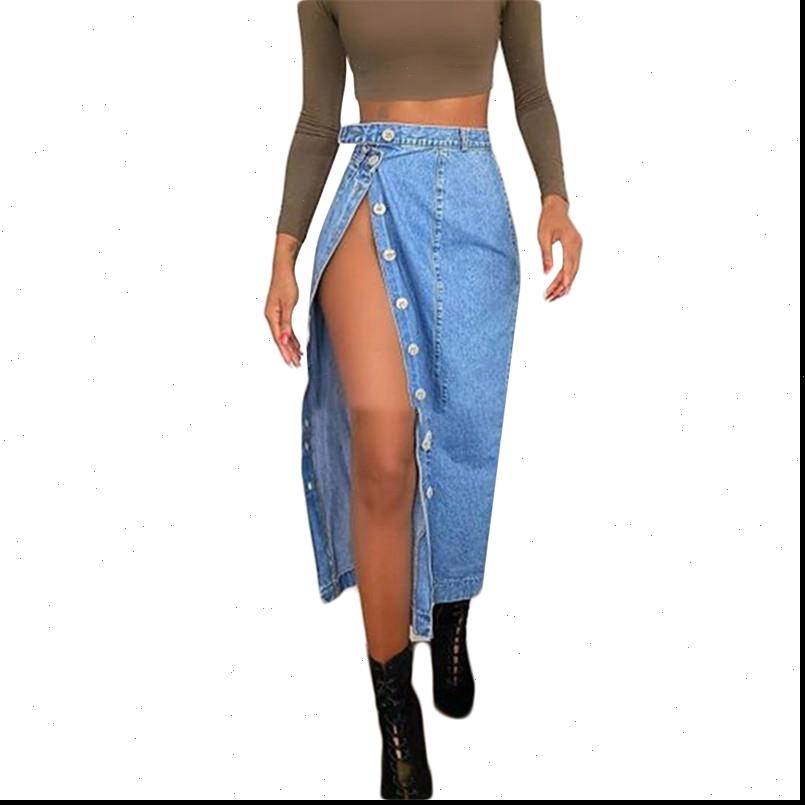 High Waist Sexy Slit Women Skirts Denim Fashion Summer Blue Long Button Female Jeans S 2XL-image-700818265