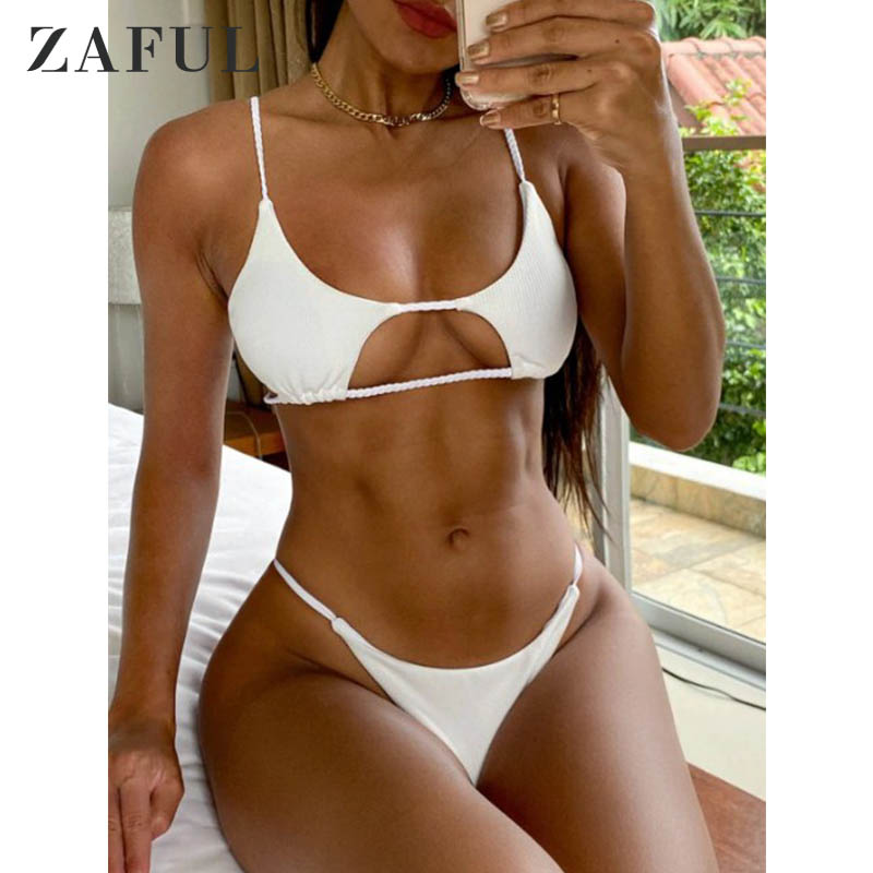 

ZAFUL Sexy Swimwear Tie Braided Ribbed Cutout Bikini Set Swimsuit Padded Low Waist Women Beach Summer 2021 Tie Dye Bathing Suit, Black