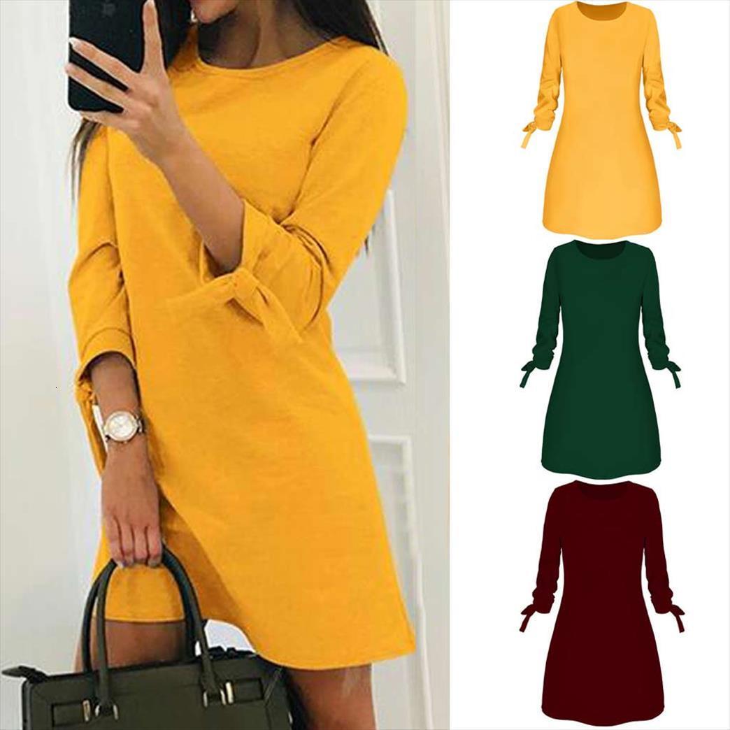 

spring fashion casual women dress o neck solid 3 4 sleeve bow elegant straigth loose mini dresses arrival, Black;gray
