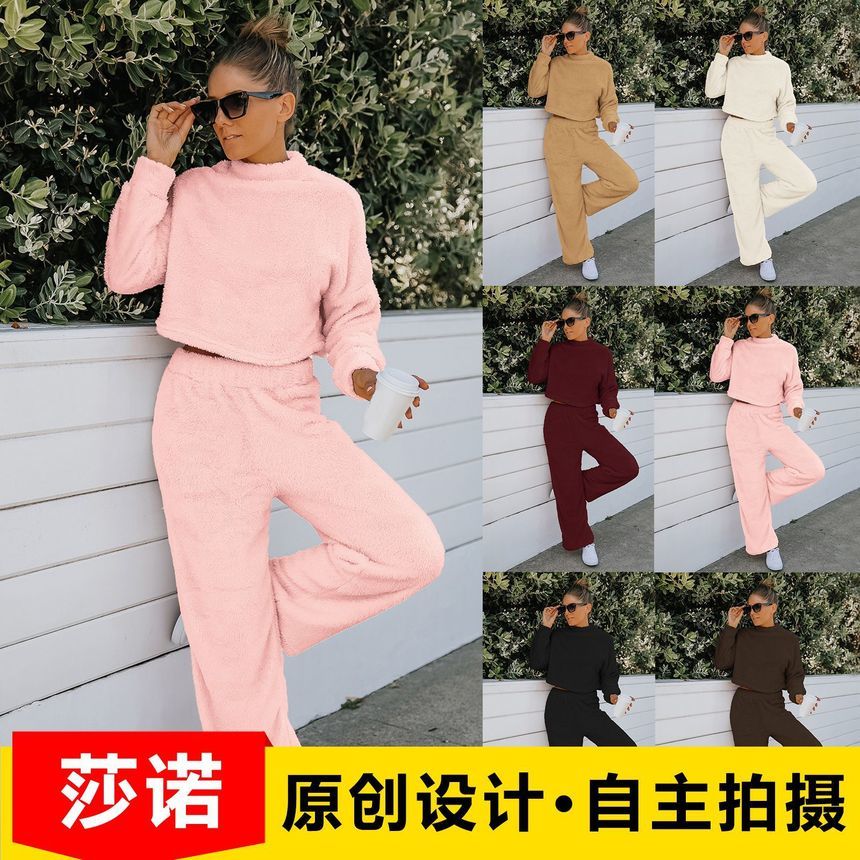 

women's clothing autumn winter 2021 new double faced veet set, two piece home suit and trousers set, Gray