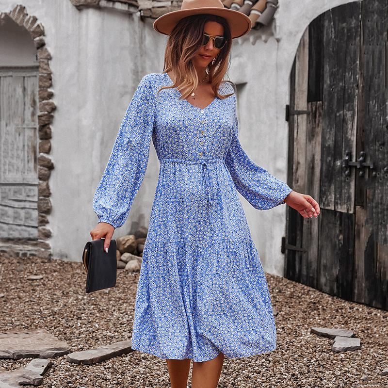 

Casual Dresses Women Autumn Dress Lady Korean Style Vintage Floral Printed Shirt Long Sleeve Bow Spring Vestido De Mujer, Black;gray