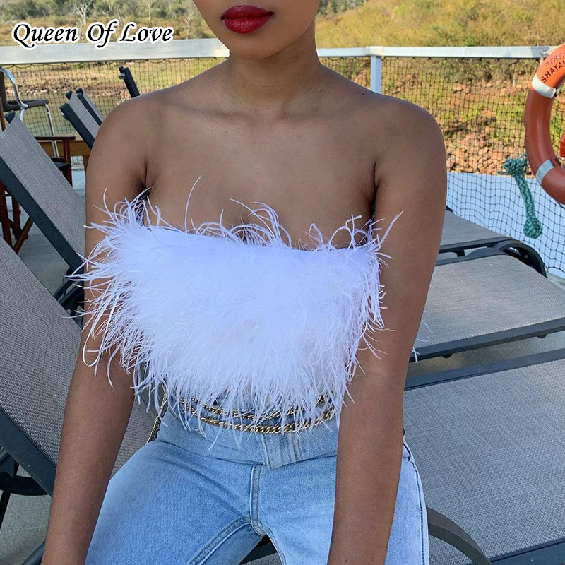 

New Summer White Fluffy Feather Sleveless Crop Top Girls Midfirr-Baring Soft Tube Tops Fashion Trendy Women Personal Tanks 210420