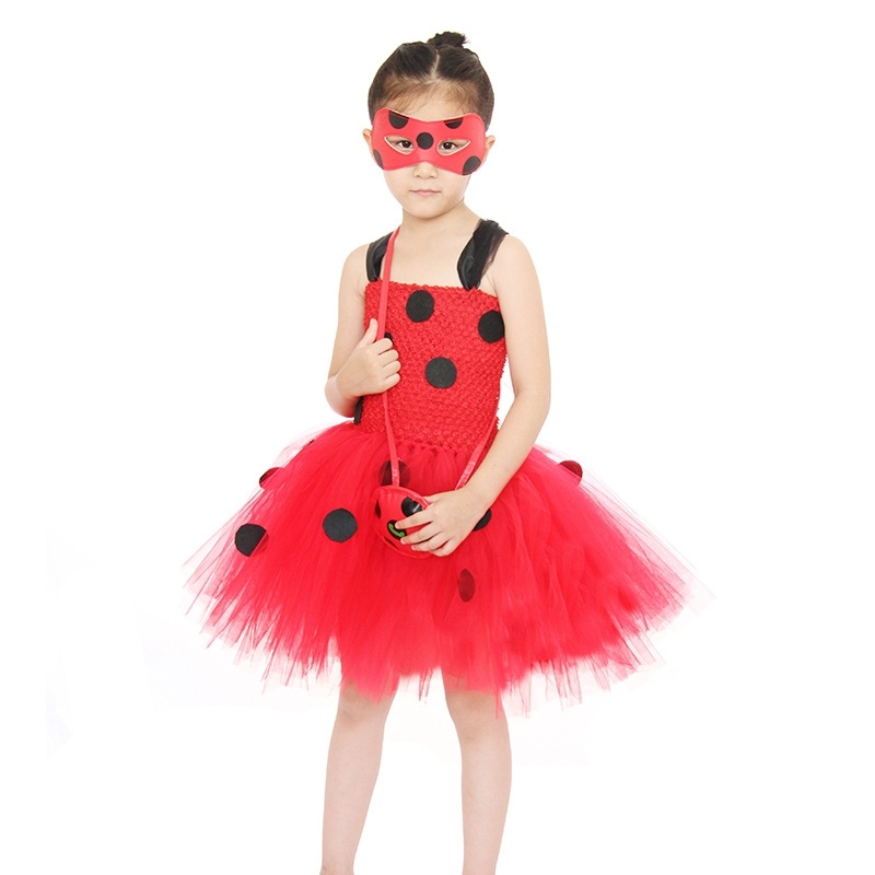 

tutu ladybug girl dress suit eye mask bag new, White