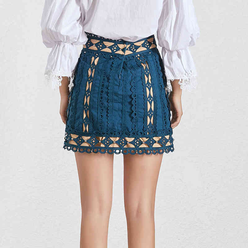 Lace Black And White Korean Hollow Out Women Skirt High Waist Beading Patchwork Slim Mini Skirts Female Fashion Summer Tide-image-678748497