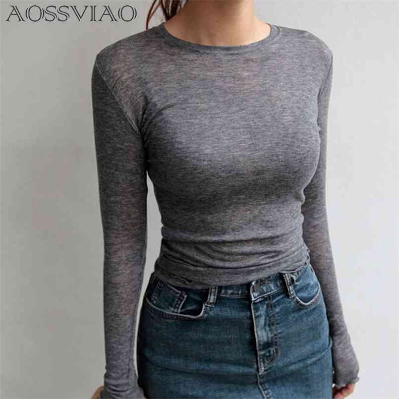 

Slim High Quality Plain T Shirt Women Cotton Elastic Basic T-shirts Female Casual Tops Long Sleeve Sexy Thin T-shirt see through 210708, Gray
