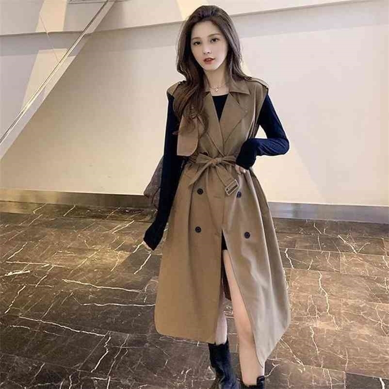 

Elegant Women Long Trench Vest Fashion Sashes Casual Loose Office Lady Vests Chic Korean Sleeveless Double Breasted Outwears 210517, Khaki