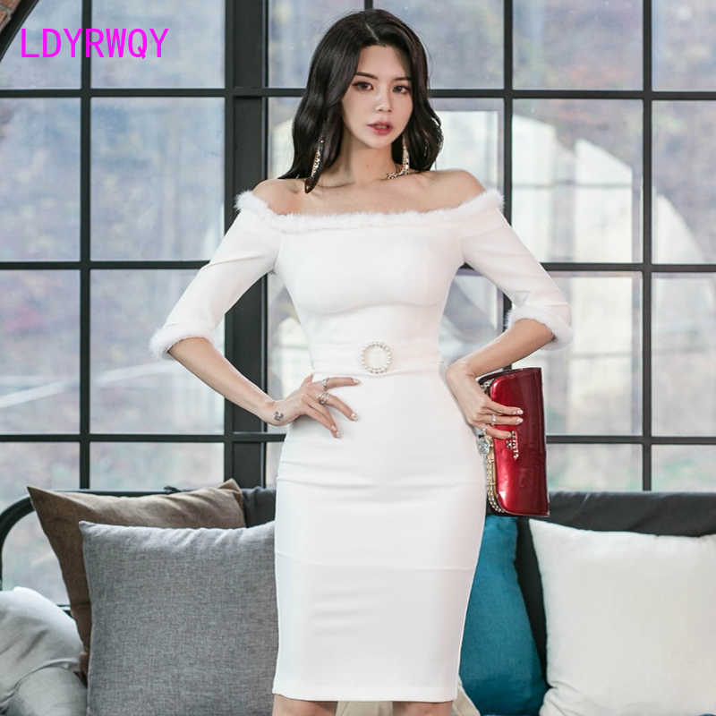 

Korean autumn and winter clothing sexy word collar strapless rabbit fur dress female bag hipA Zippers Office Lady 210603, White