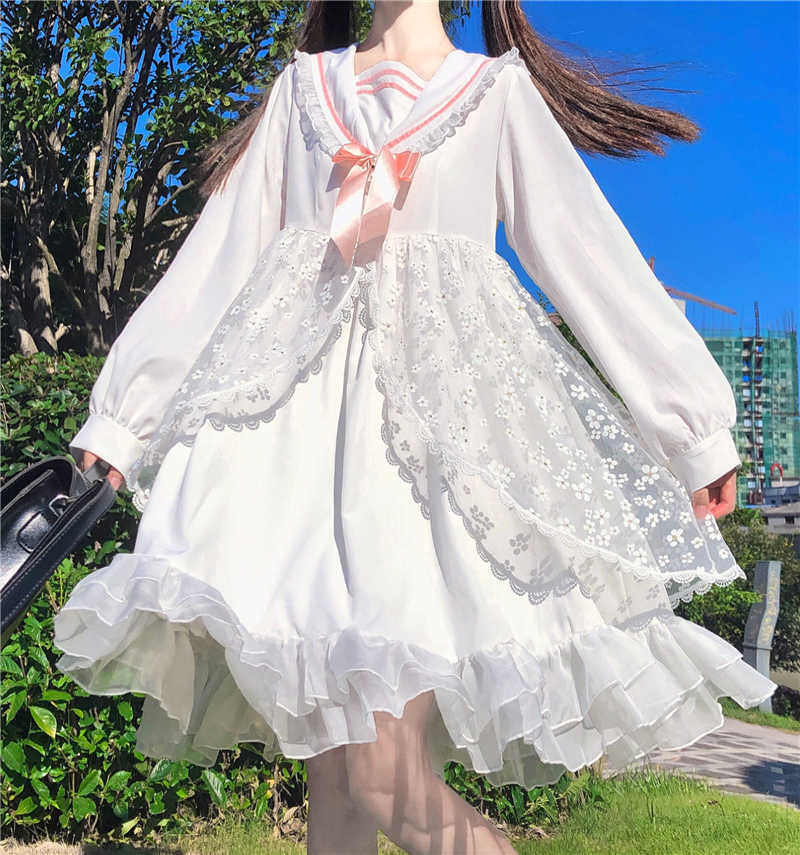 

Japanese Lolita Style Women White Princess Dress Sailor Collar Bow Floral Mesh Cute Kawaii Ruffles Fairy es for Girls 210526, Short sleeve