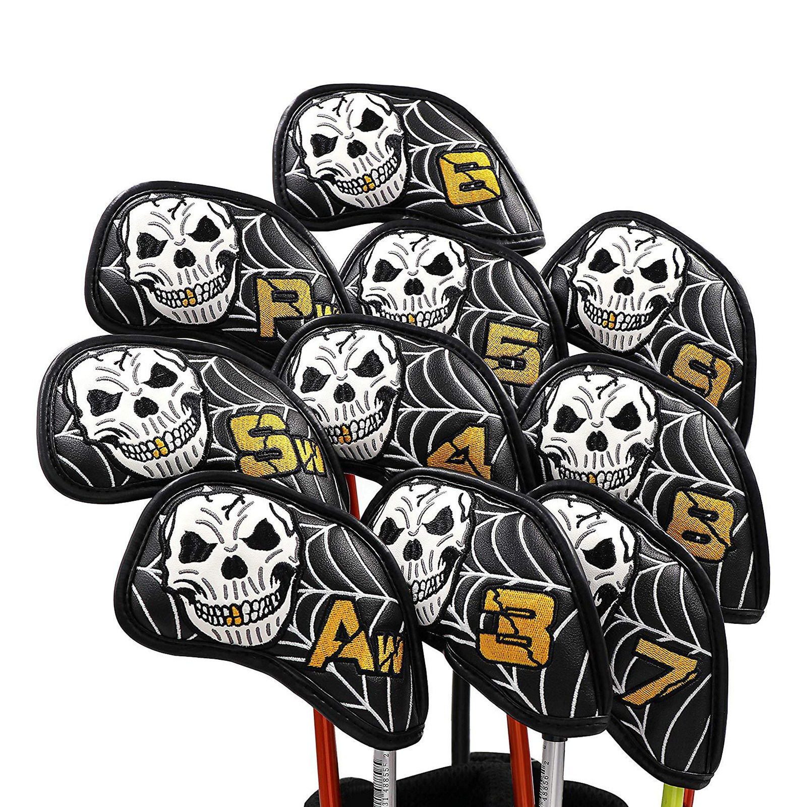 

10 pcs Golf Iron Head Covers, Club Headcover Set, PU Leather Skull Pattern Golf Iron Head Covers Set Fit All Brands Irons