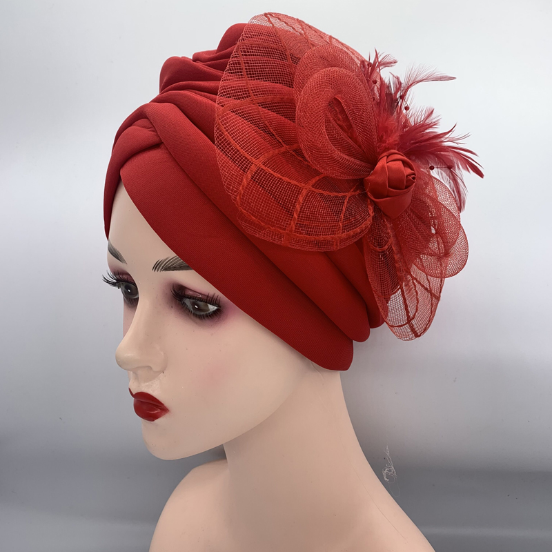 

Lastest Feather Flower Turban Bonnet for Women Muslim Headscarf Caps Wedding Party Headwear Turbante Mujer African Headtie