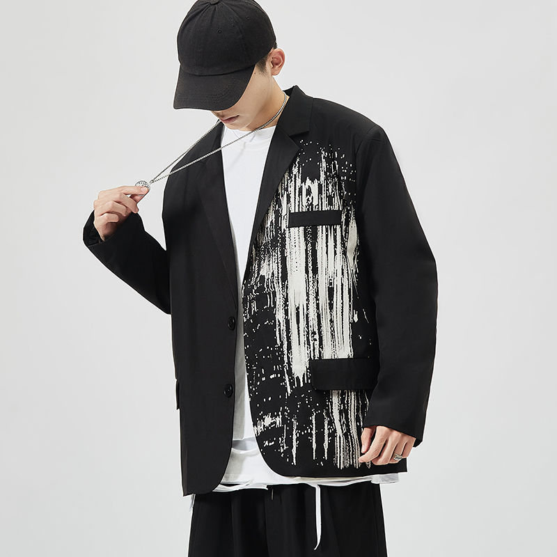 

IEFB /men's wear spring male's casual loose printed large size suit coat oversize long sleeve korean jacket 9Y3707 210524, Black