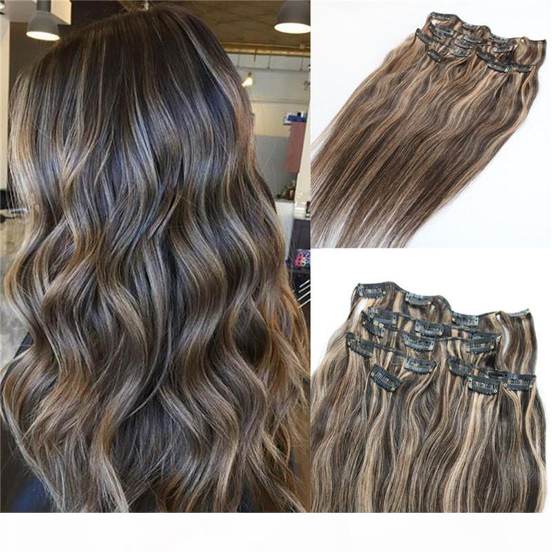 

7pieces 120g Piano Color Human Hair Extensions Clip in Ombre Two Tone 2# Brown to 27# Blonde Highlights Wholesale, Mix color
