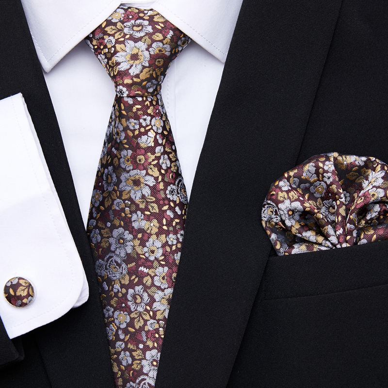 

Wholesale Wedding Accessories for Suit New Fashion Men Necktie 146cm*7.5cm Brown Floral Black Silk Tie Hanky Set Dropshipping