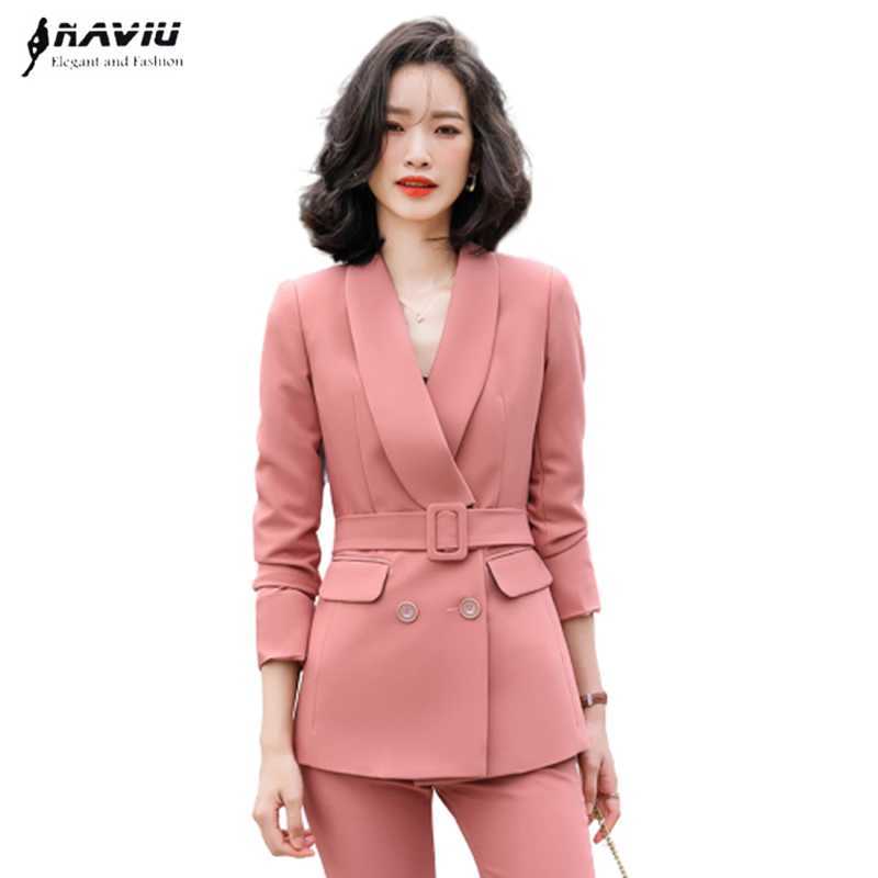 

Autumn Women Suit Casual All-Match Fashion Temperament Slim Blazer and Pants Office Ladies Business Work Wear 210604, Pink coat and pants
