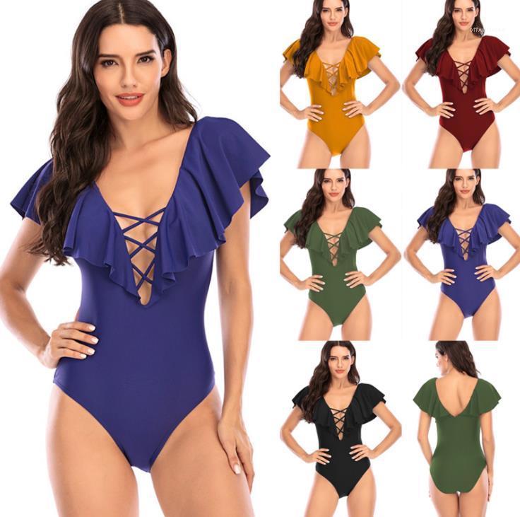 

V Neck Cross Bandge Solid Color Quick Dry Ruffle Jumpsuits Fashion Swimwear 2021 New Bikini Sexy, White;black