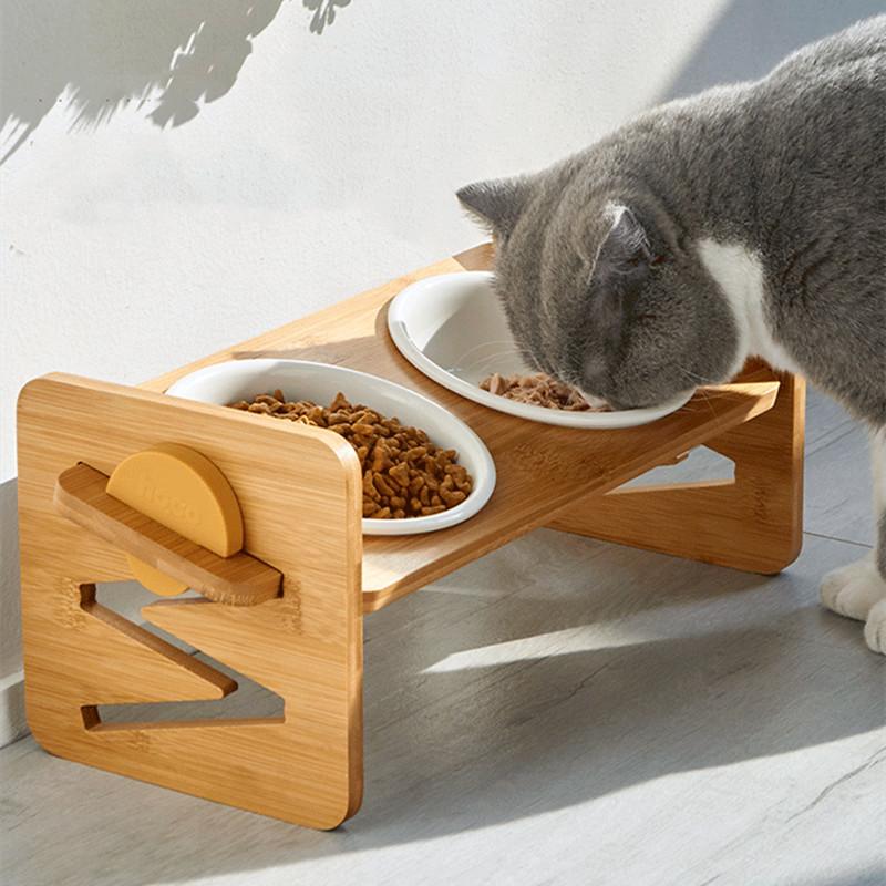 

Cat Bowls & Feeders Ceramic Adjustable Heights Elevated Neck Care Bamboo Wooden With Raise Stand Food Water For Cats Or Dogs Pets