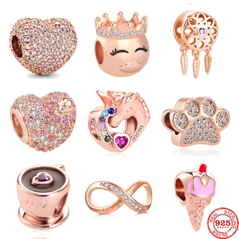 

New 925 Silver Rose Gold Coffee Cup Dream Catcher Paw Cone Bead Fit Pandora Original Bracelet Charms Beads For Women DIY Jewelry