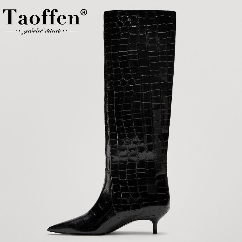 Taoffen New Women Knee High Boots Real Leather Pointed Toe Women Winter Shoes Fashion Sexy Party Shoes Women Footwear Size 35-42