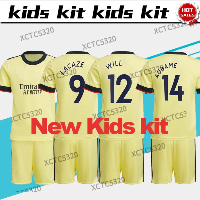

2022 Kids kit Gunners away soccer jersey yellow #14 A U B A M E YANG #9 LA CA Z E TT E Child football shirt On sale, Black;yellow