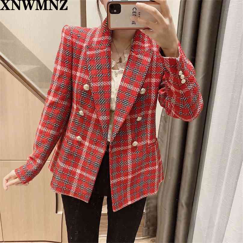 

women fashion double-breasted check blazer Female Elegant V-neck long sleeve ladies vintage buttoned plaid chic coat 210520, Picture color