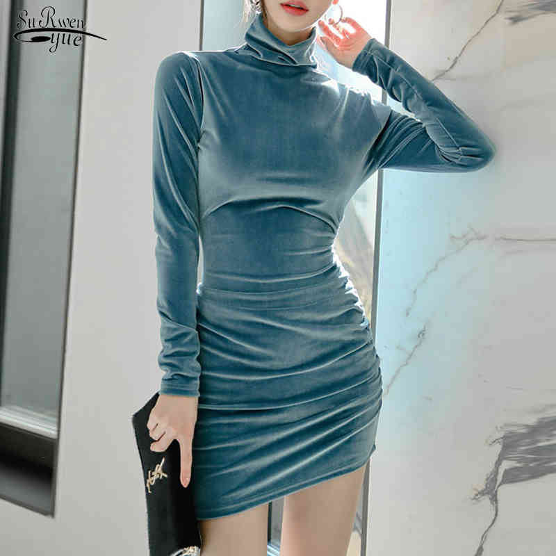 

Spring Vestidos Vintage Mini Dress Women Sheath Bodycon Long Sleeve Female Turtleneck Velvet Sexy Ladies es 12706 210521, Brown
