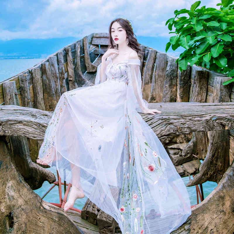 

Casual Dresses Women Elegant Flower Embroidery Lace 2021 Spring Summer Sundress Slash Neck Long Sleeve White Maxi Sexy Vestido ZXW