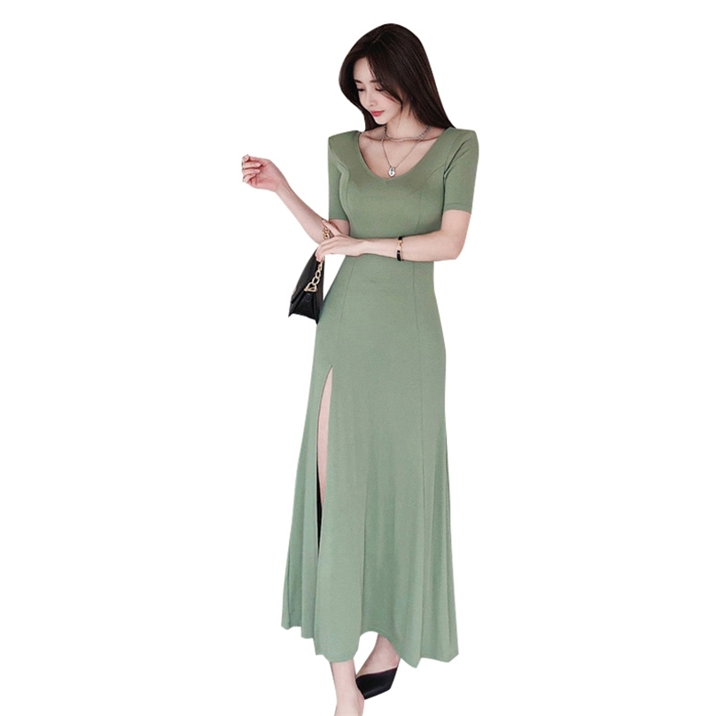 

Green Maxi Long Dress for women Summer Short Sleeve V neck Slim Laides Sexy causal split Party Dresses 210602