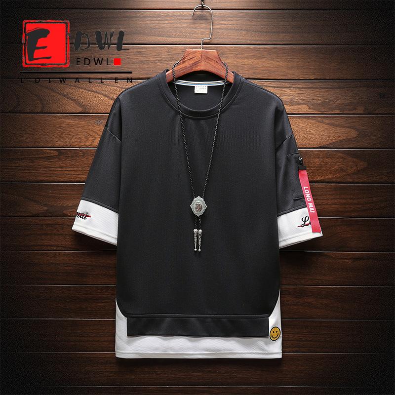 

Men's Summer Fake Two-piece Short-sleeved T-shirt Round Neck Japanese Students Half-sleeved Top Loose Trend Men Solid Color T-Shirts, Khaki