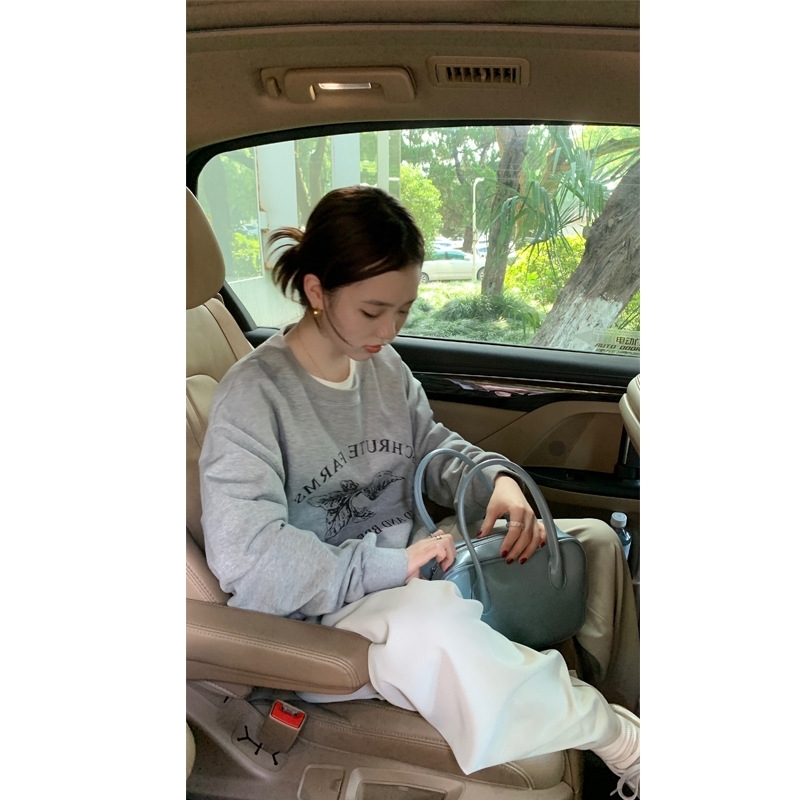 

Grey sweater women' spring and autumn 2021 new loose Korean commuter with round neck letter radish print women, Gray