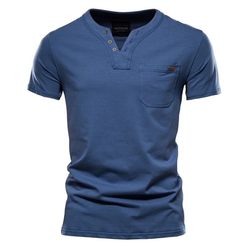 

Summer Top Quality Cotton T Shirt Men Solid Color Design V-neck T-shirt Casual Classic 's Clothing Tops Tee 210716, Denim blue