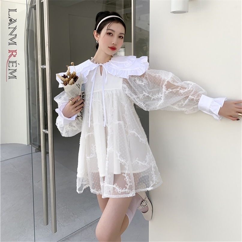 

Women' Printed Ruffled Mini Dress Peter Pan Collar Puff Sleeve Loose Fit Fashion Trend Spring Autumn 2E1370 210526, White