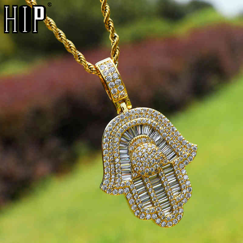 

Hip Hop Bling Iced Out CZ Hand of Fatima Baguette Pendants & Necklaces For Men Rapper Charm Jewelry With Solid Back X0509