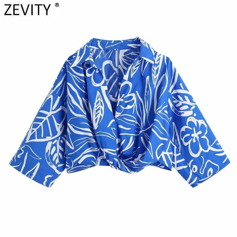 

Zevity Women Fashion Floral Print Short Shirt Lady Irregular Hem Knotted Pleat Kimono Blouse Roupas Chic Crop Blusas Tops LS9392 210603, Qun791bb
