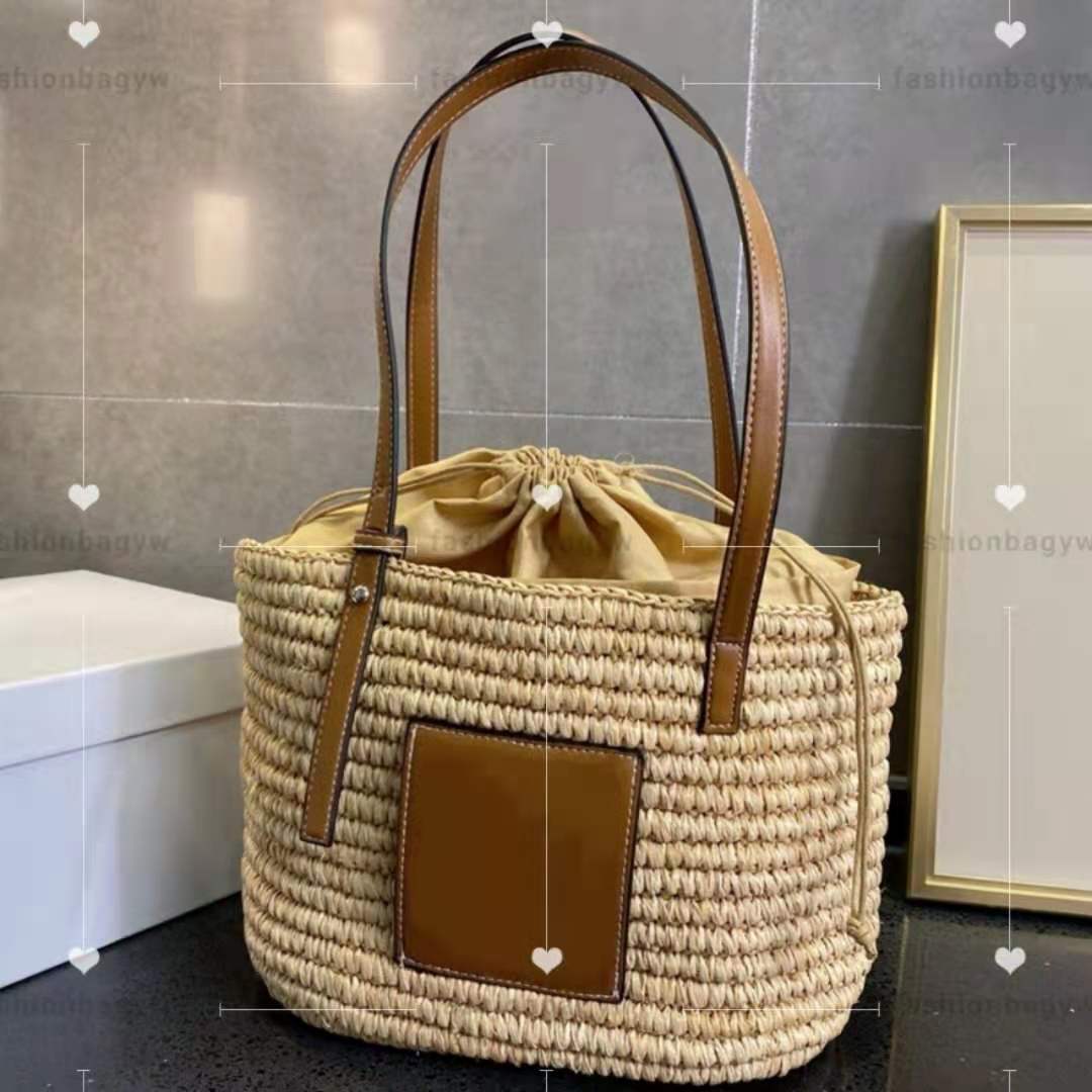 

Designer straw shopping bag summer beach bags Fashion patchwork leather woman purse bucket handbag party must have classic luxury vegetable basket